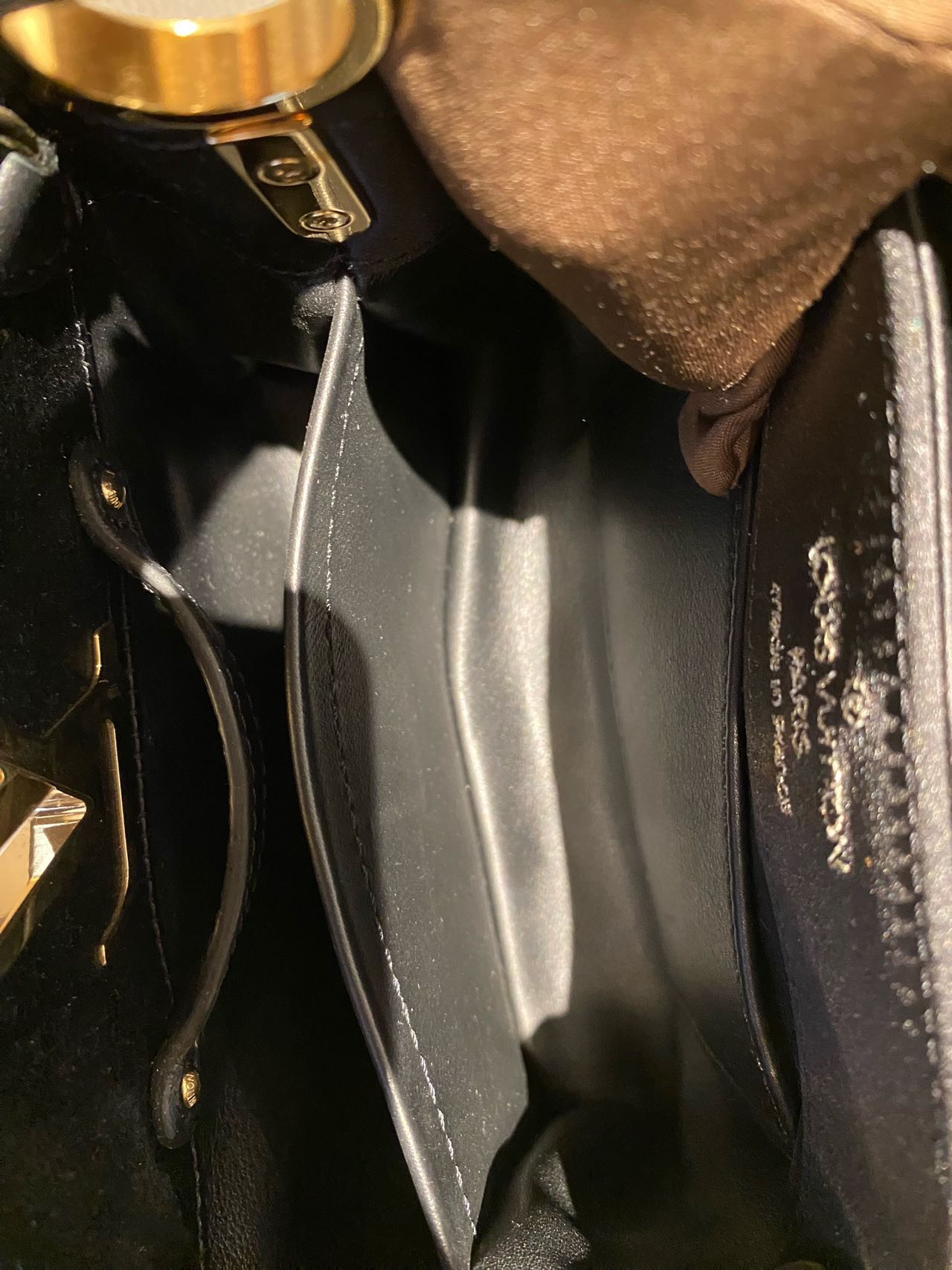 Pre-owned Certified LV Louis Vuitton Capucines Mini in Black Satin Embellished with Golden Accents, 2017 , w/ Dust bag, Strap