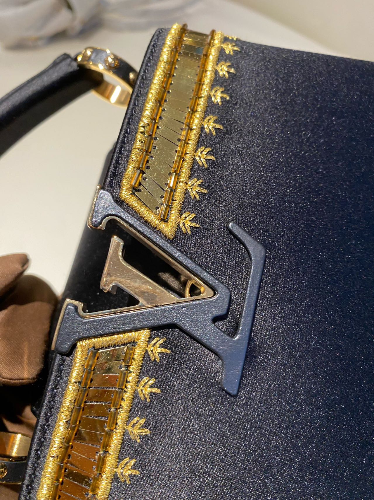 Pre-owned Certified LV Louis Vuitton Capucines Mini in Black Satin Embellished with Golden Accents, 2017 , w/ Dust bag, Strap