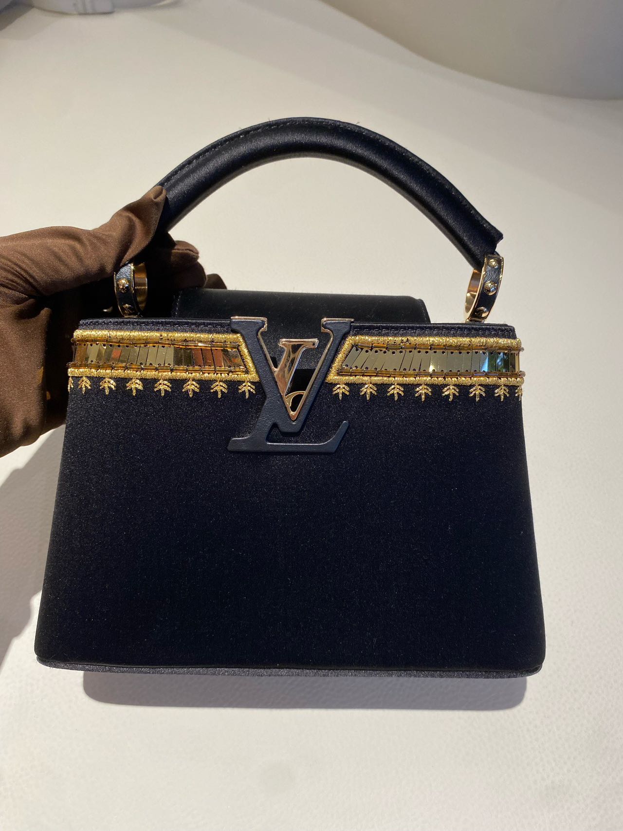 Pre-owned Certified LV Louis Vuitton Capucines Mini in Black Satin Embellished with Golden Accents, 2017 , w/ Dust bag, Strap