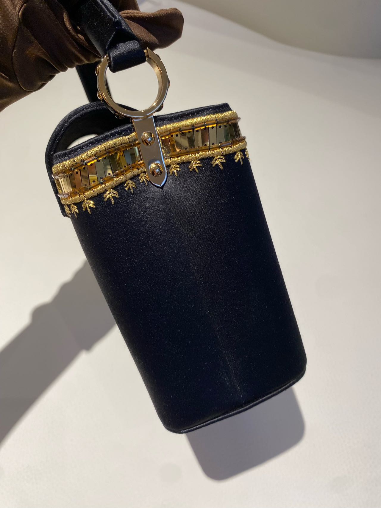 Pre-owned Certified LV Louis Vuitton Capucines Mini in Black Satin Embellished with Golden Accents, 2017 , w/ Dust bag, Strap
