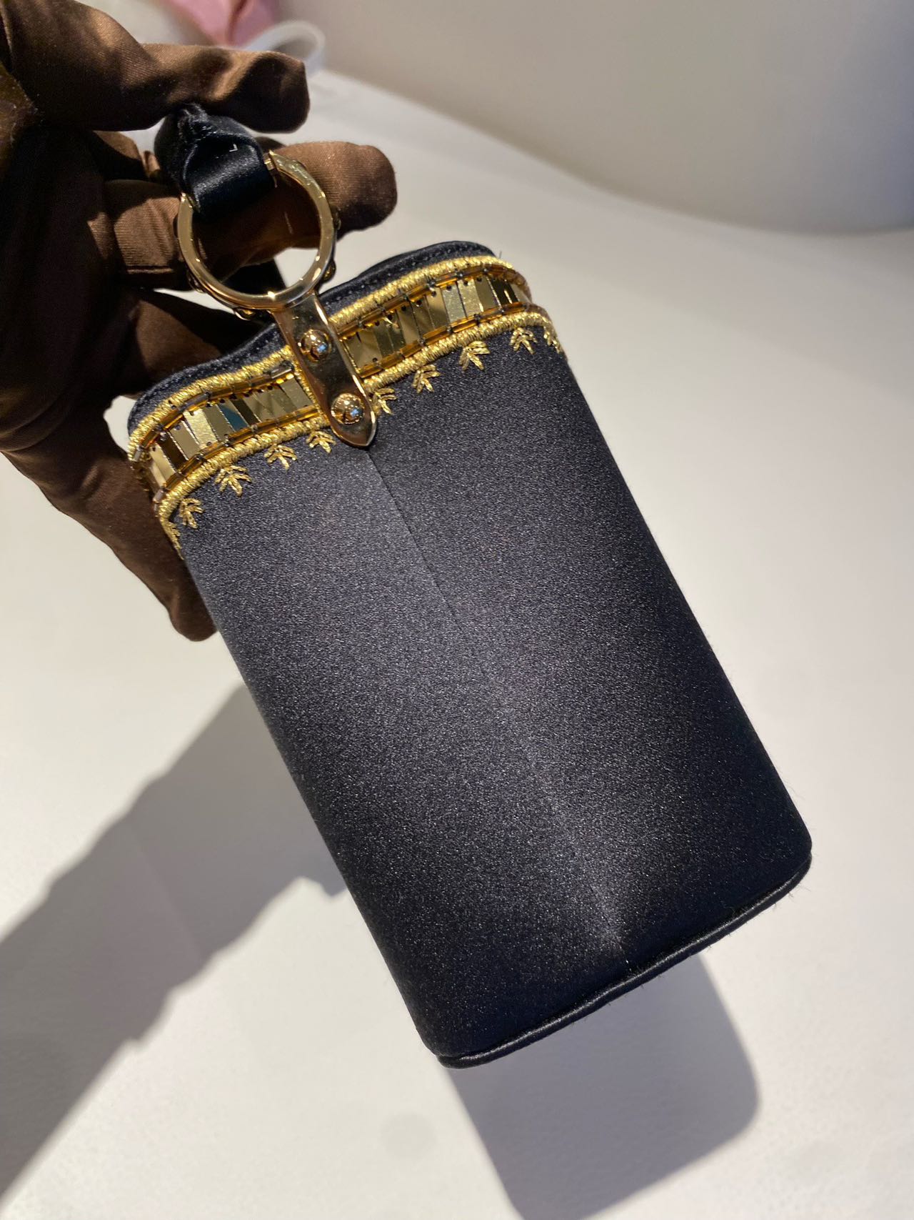 Pre-owned Certified LV Louis Vuitton Capucines Mini in Black Satin Embellished with Golden Accents, 2017 , w/ Dust bag, Strap