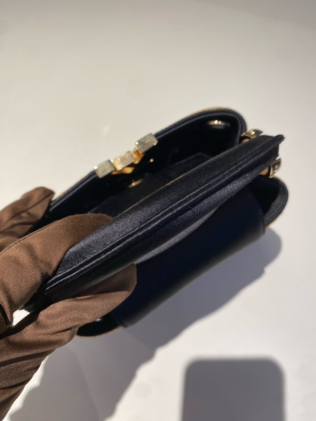 Pre-owned Certified LV Louis Vuitton Capucines Mini in Black Satin Embellished with Golden Accents, 2017 , w/ Dust bag, Strap