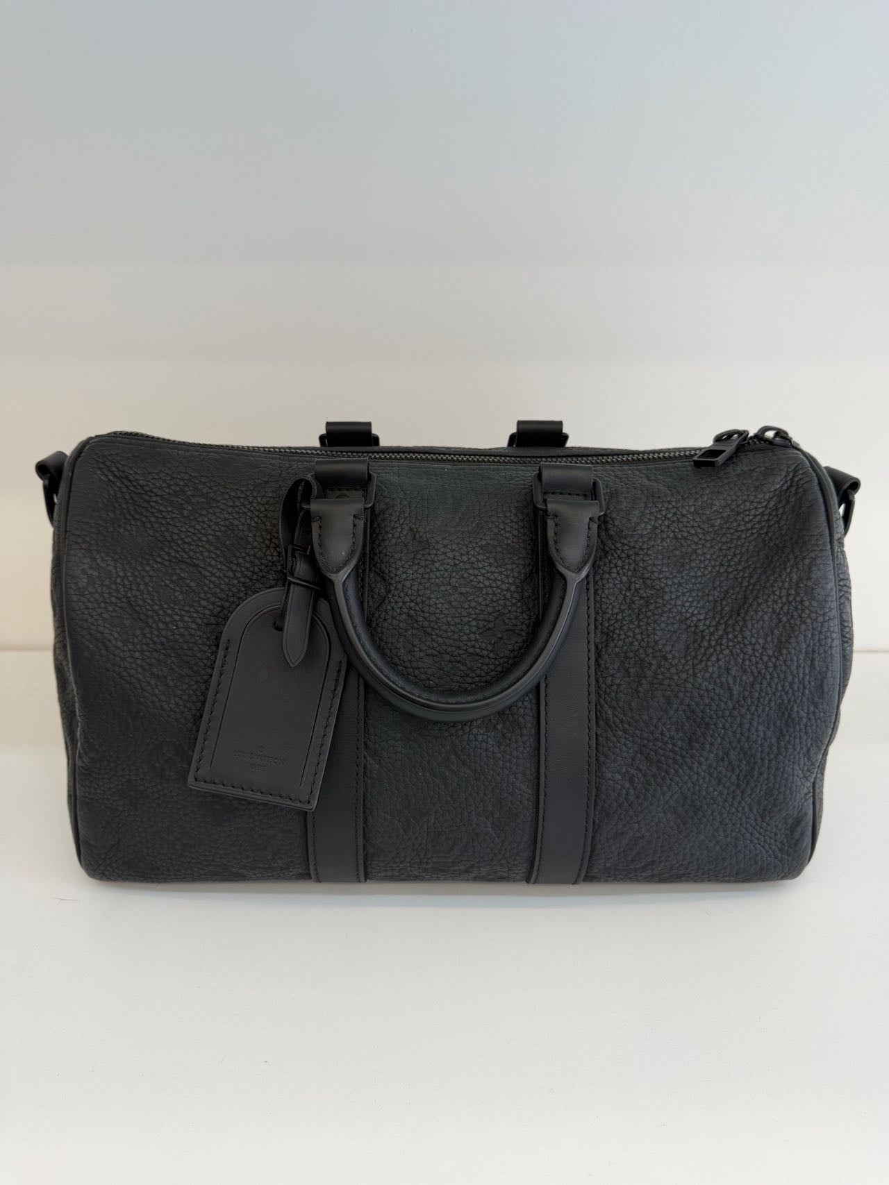 Pre-owned Certified LV Louis Vuitton Keepall 35 in Black Leather with Black Hardware, Microchipped, w/Strap
