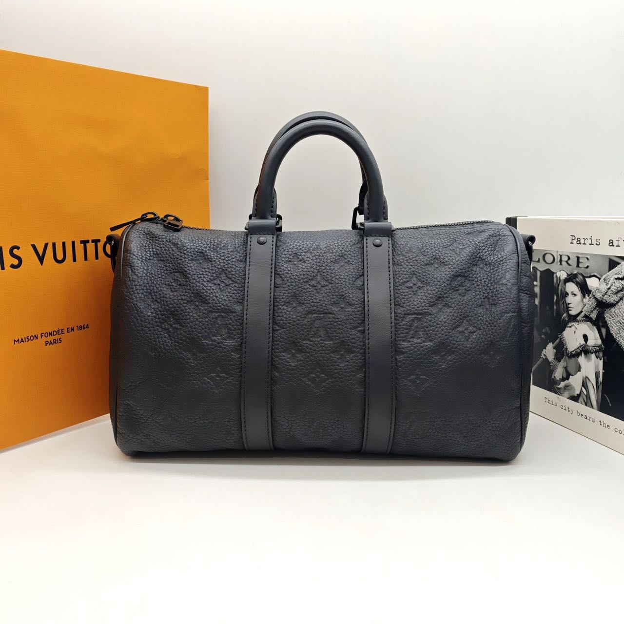 Pre-owned Certified LV Louis Vuitton Keepall 35 in Black Leather with Black Hardware, Microchipped, w/Strap