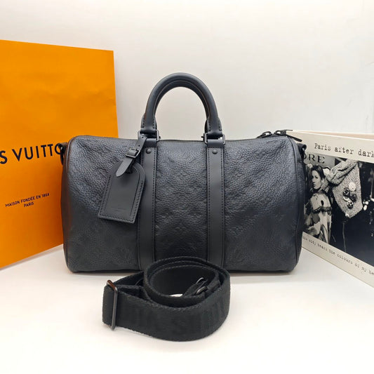 Pre-owned Certified LV Louis Vuitton Keepall 35 in Black Leather with Black Hardware, Microchipped, w/Strap