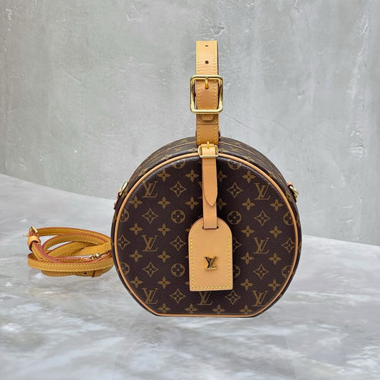 Pre-owned Certified LV Louis Vuitton MM Boite Chapeau Souple in Monogram Coated Canvas with Golden Hardware, Microchipped, w/Strap