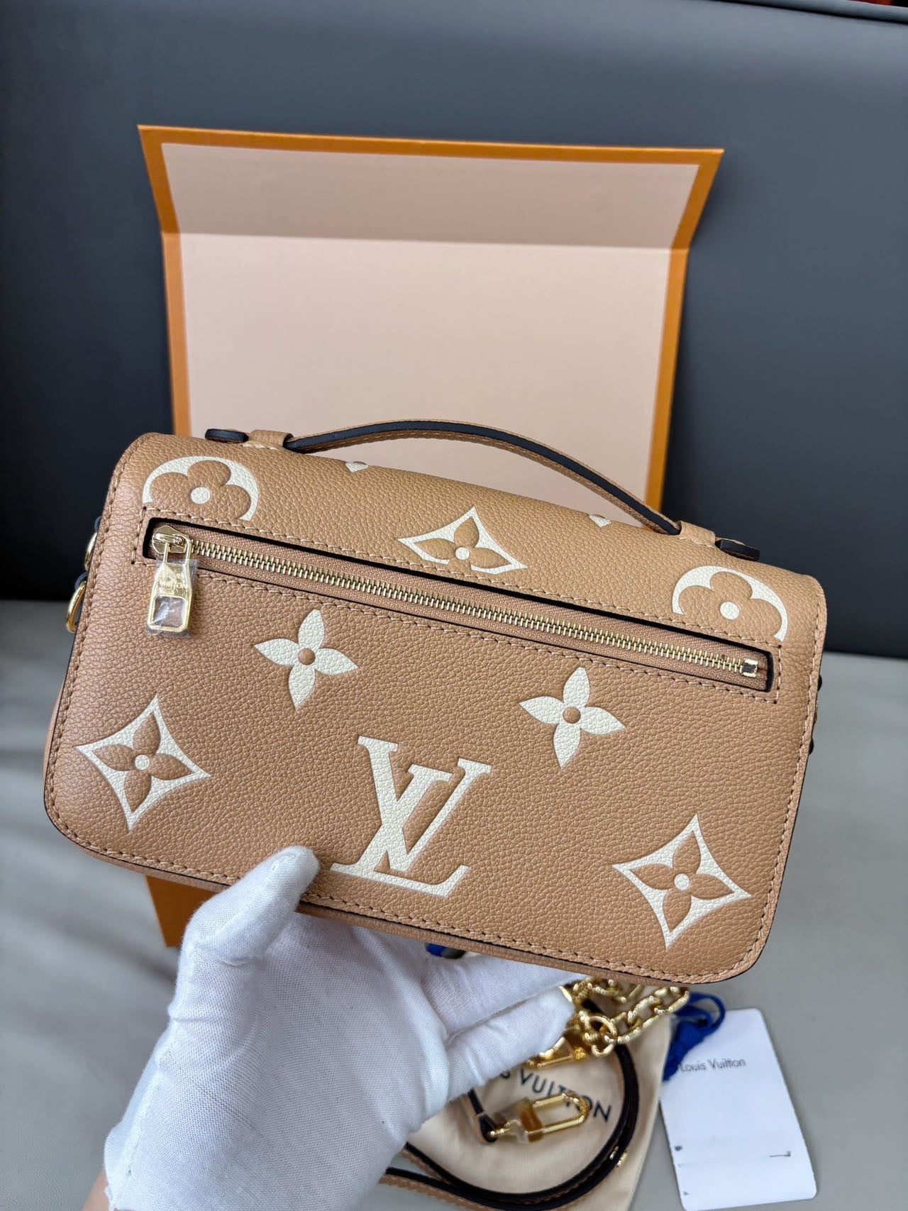 Pre-owned Certified LV Louis Vuitton Pochette Métis East West in Beige Brown Monogram Empreinte Leather, Microchipped, w/dust bag, box
