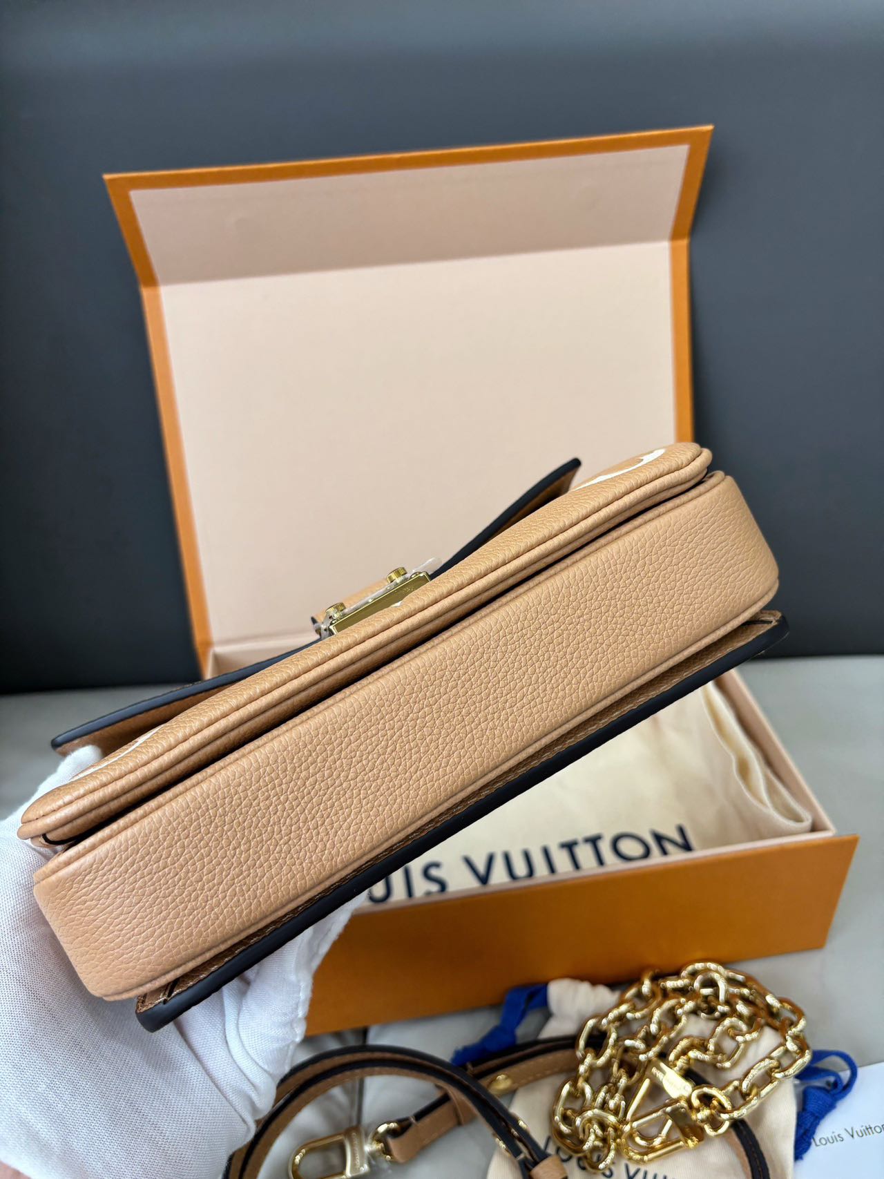 Pre-owned Certified LV Louis Vuitton Pochette Métis East West in Beige Brown Monogram Empreinte Leather, Microchipped, w/dust bag, box