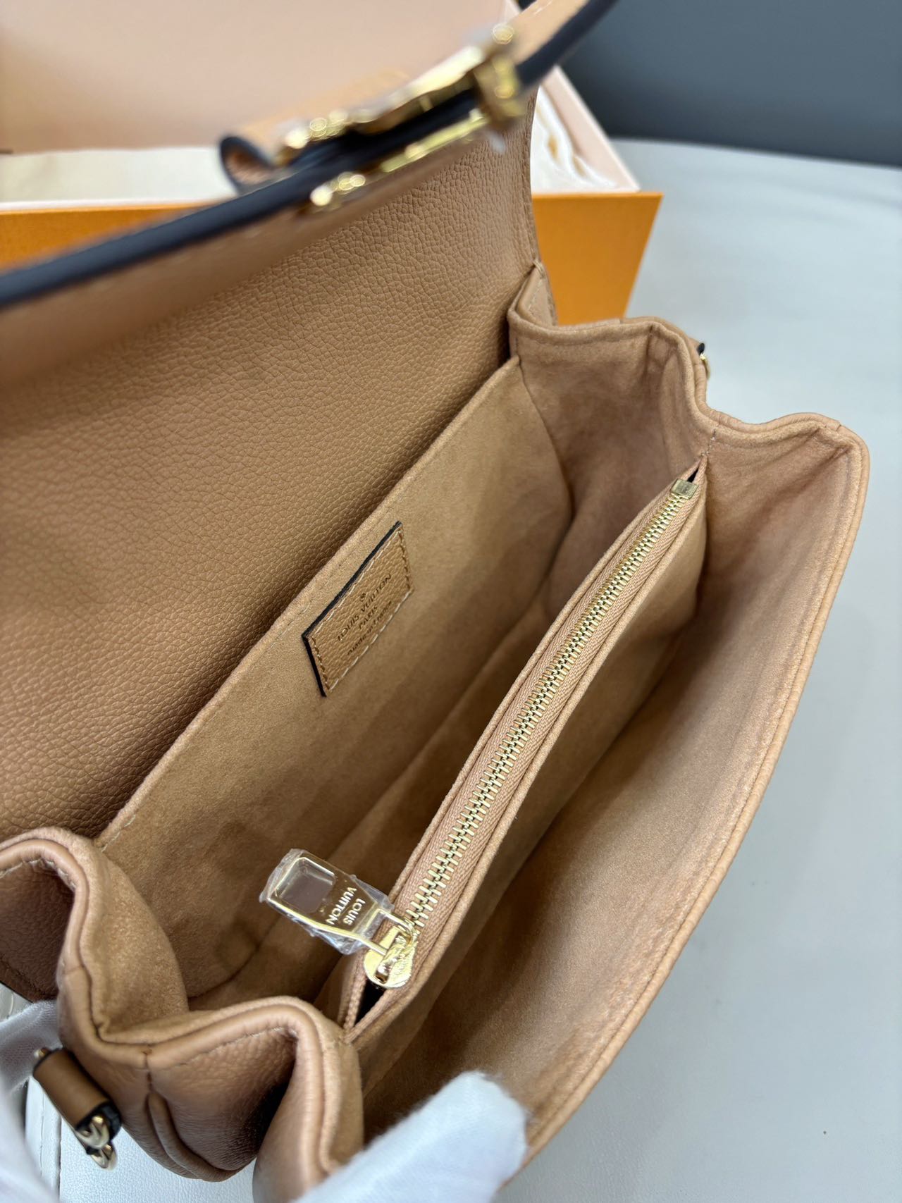 Pre-owned Certified LV Louis Vuitton Pochette Métis East West in Beige Brown Monogram Empreinte Leather, Microchipped, w/dust bag, box