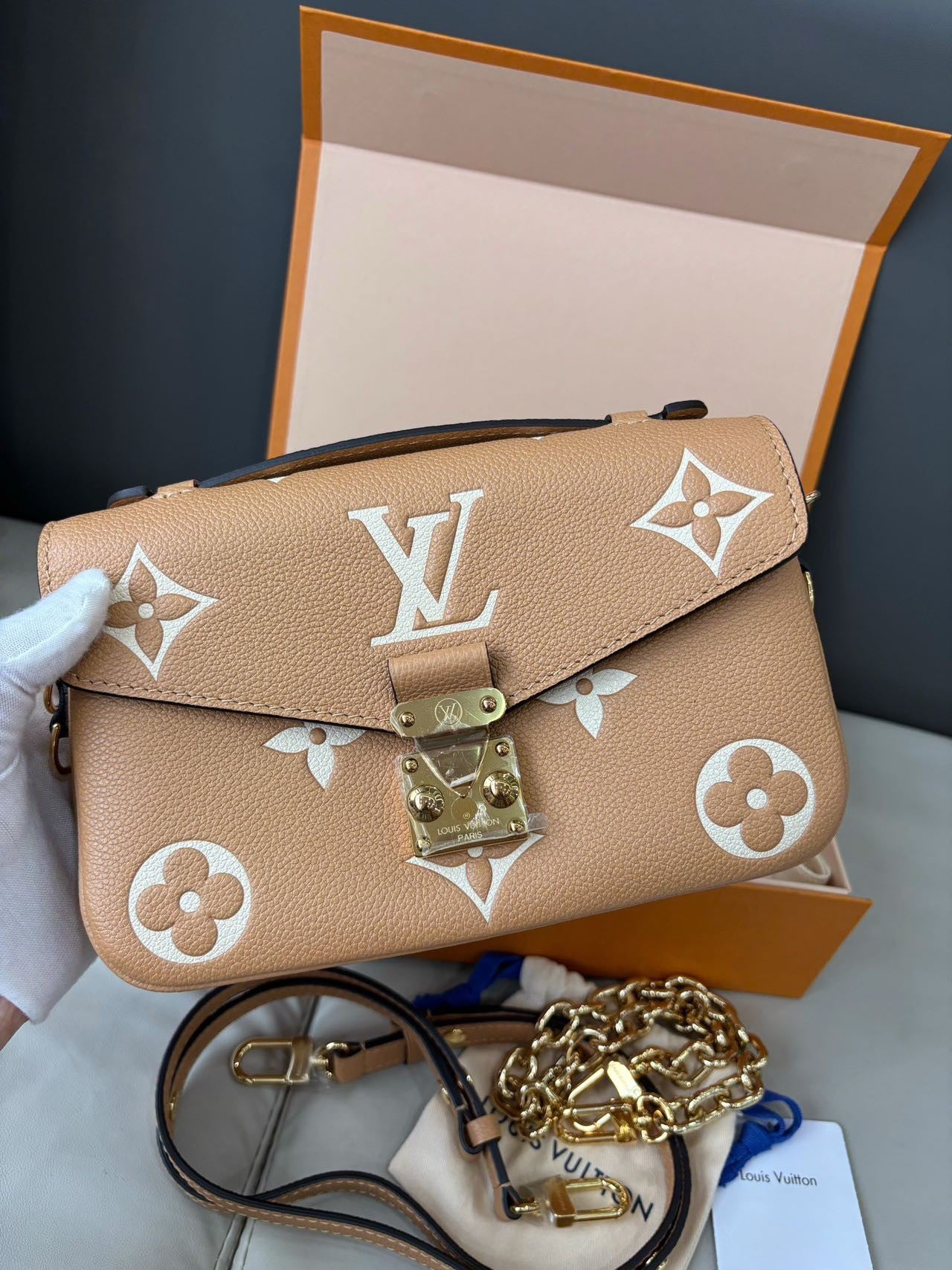 Pre-owned Certified LV Louis Vuitton Pochette Métis East West in Beige Brown Monogram Empreinte Leather, Microchipped, w/dust bag, box