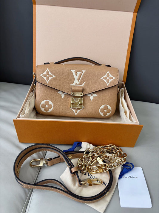 Pre-owned Certified LV Louis Vuitton Pochette Métis East West in Beige Brown Monogram Empreinte Leather, Microchipped, w/dust bag, box