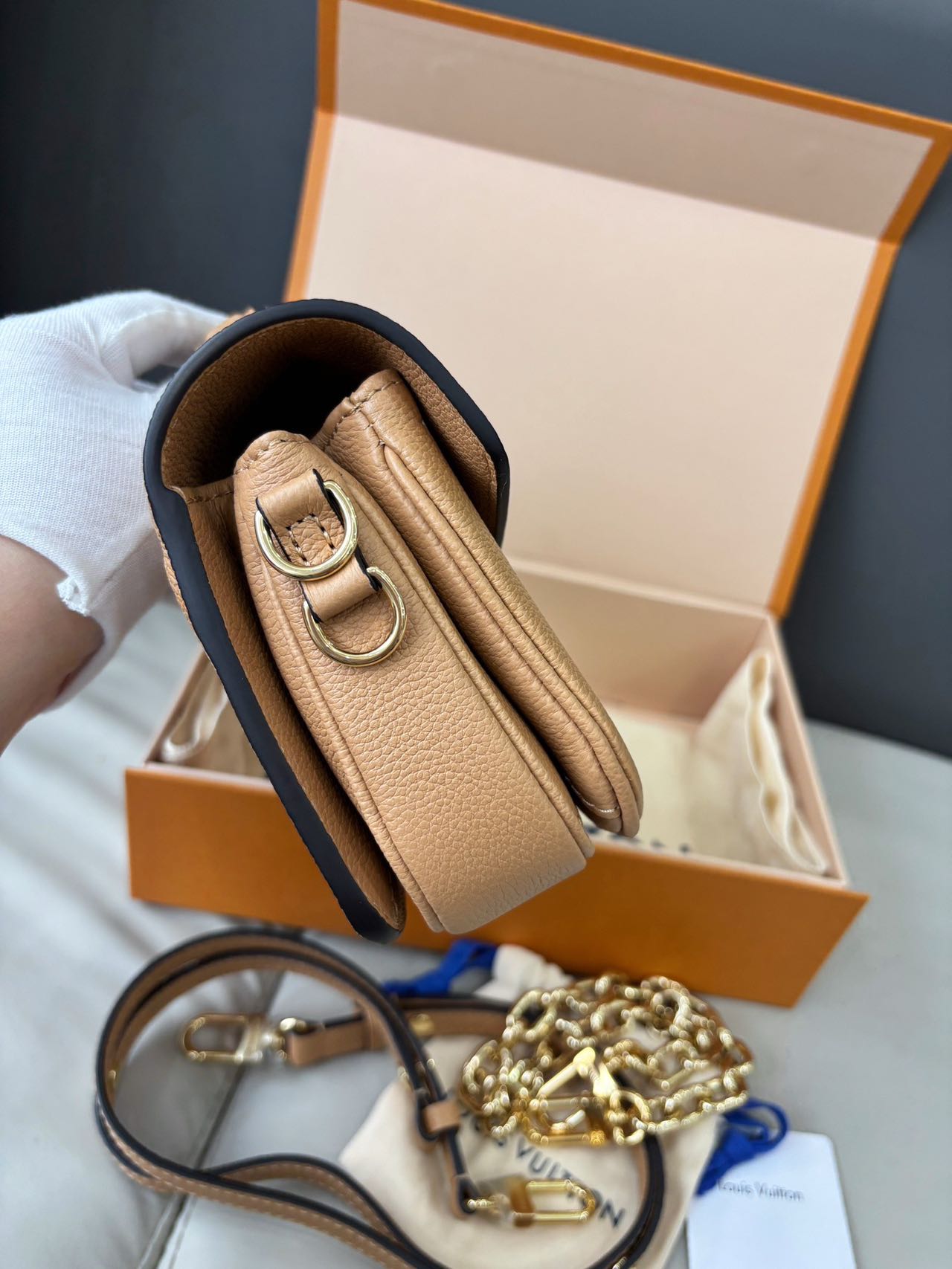 Pre-owned Certified LV Louis Vuitton Pochette Métis East West in Beige Brown Monogram Empreinte Leather, Microchipped, w/dust bag, box