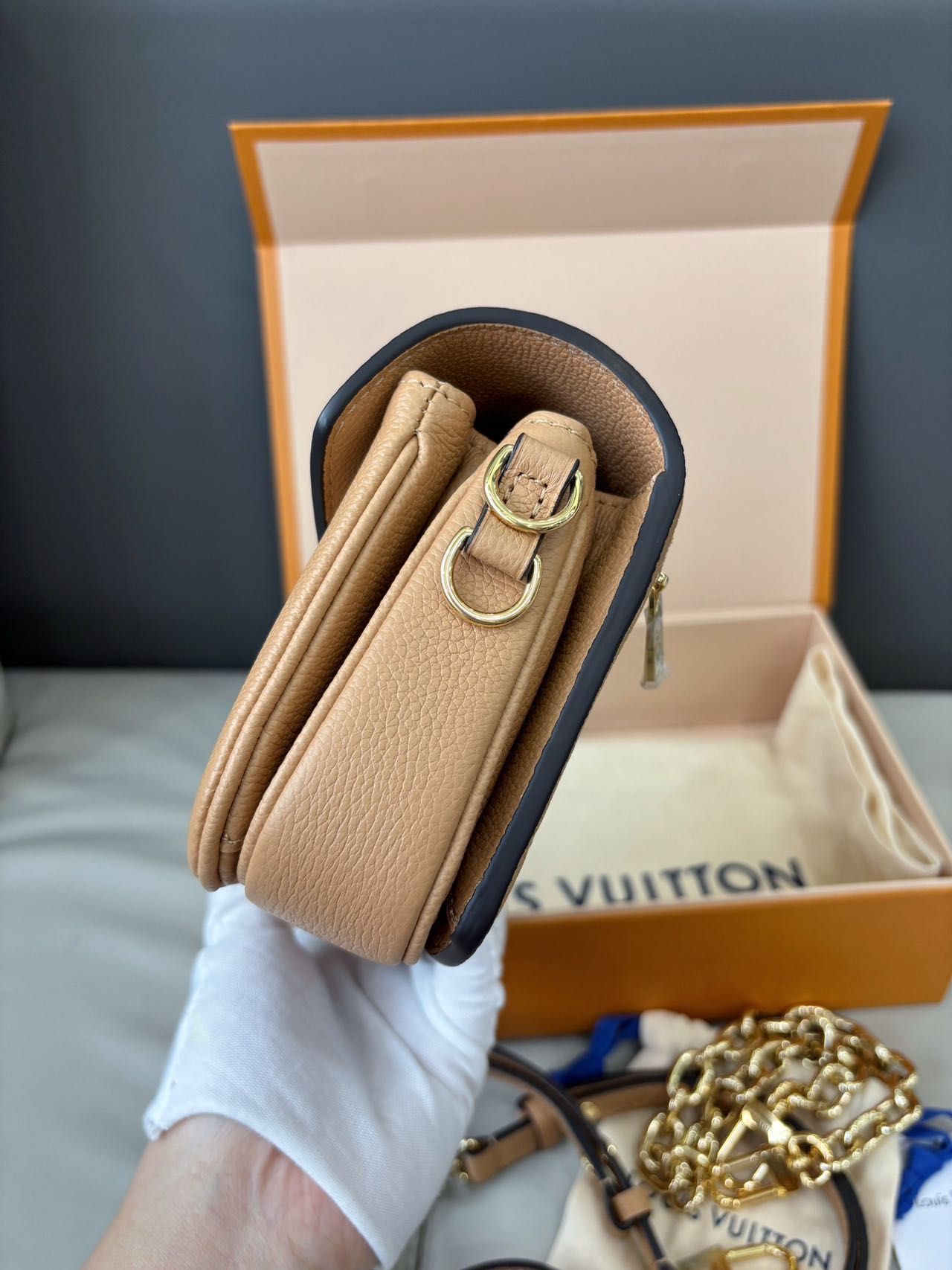 Pre-owned Certified LV Louis Vuitton Pochette Métis East West in Beige Brown Monogram Empreinte Leather, Microchipped, w/dust bag, box