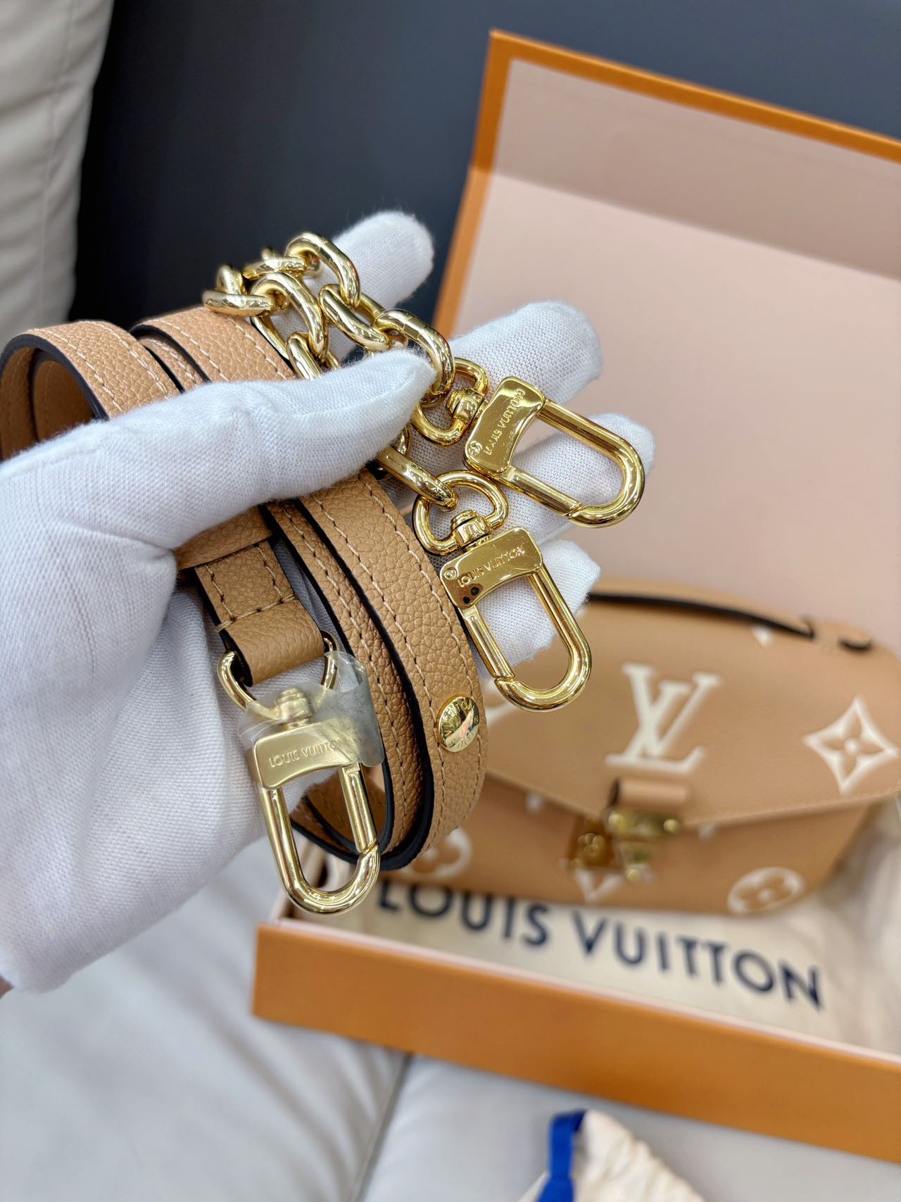 Pre-owned Certified LV Louis Vuitton Pochette Métis East West in Beige Brown Monogram Empreinte Leather, Microchipped, w/dust bag, box