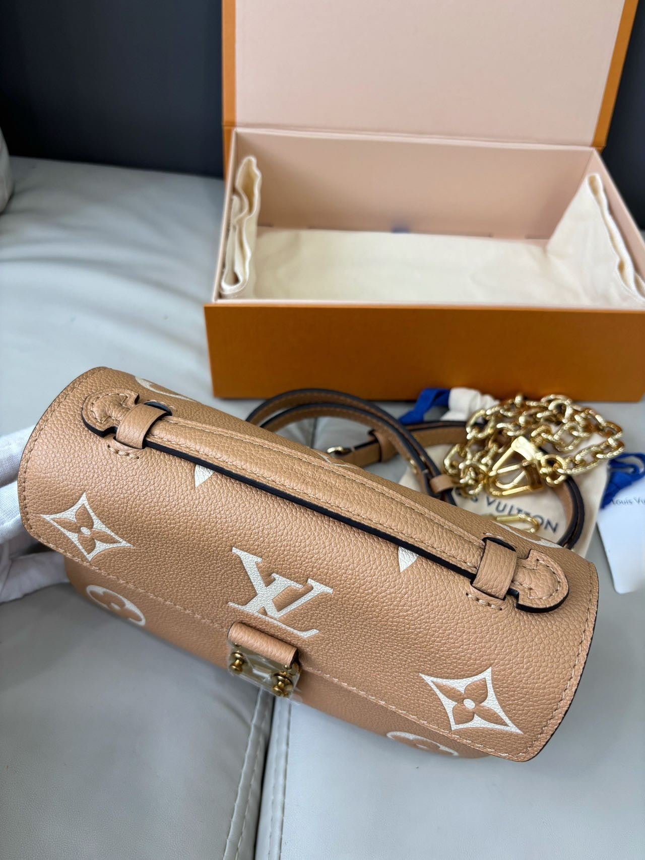 Pre-owned Certified LV Louis Vuitton Pochette Métis East West in Beige Brown Monogram Empreinte Leather, Microchipped, w/dust bag, box