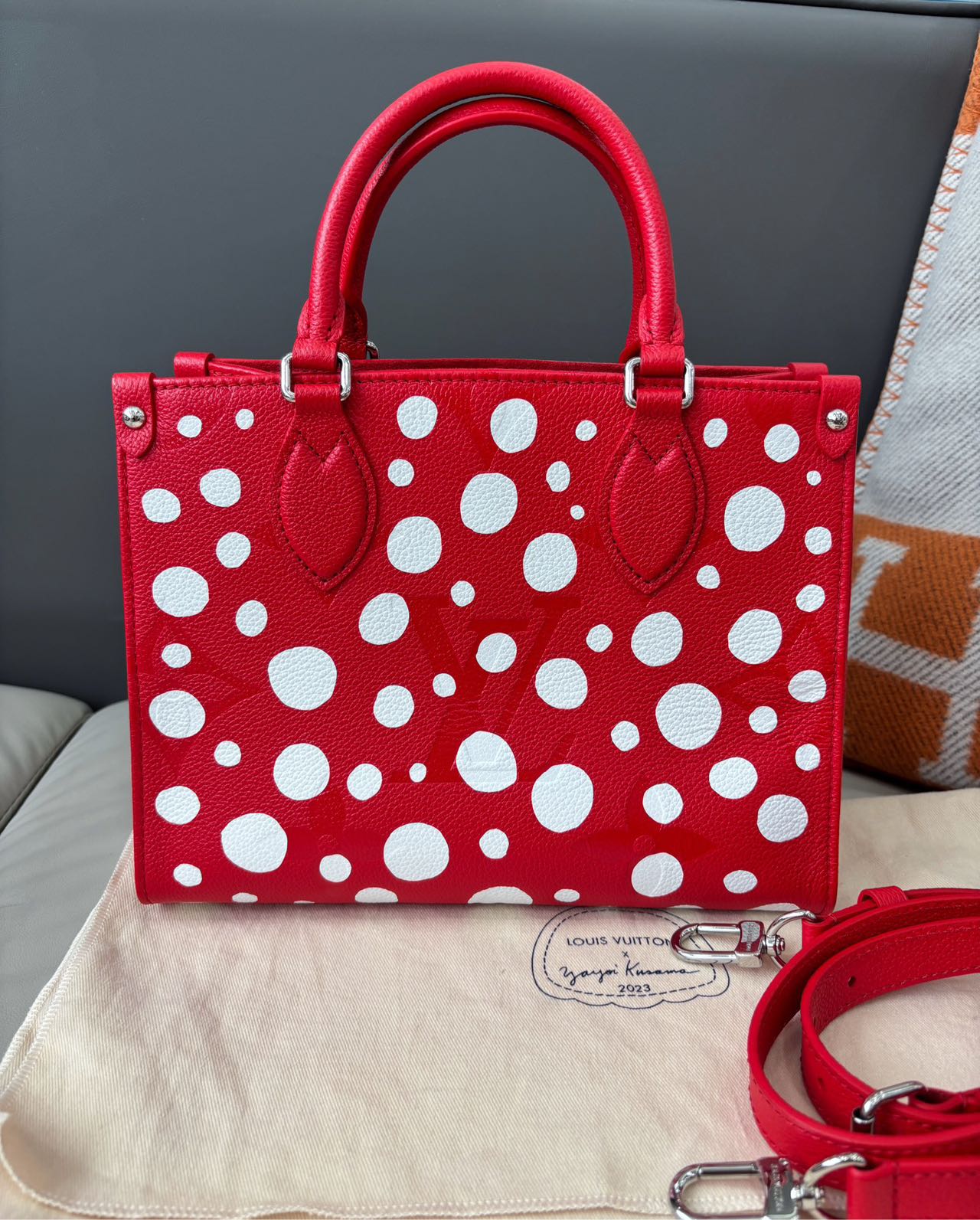 Pre-owned Certified LV Louis Vuitton x Yayoi Kusama OnTheGo PM in Red Monogram Empreinte Leather, 2023, w/ Pumpkin Charm, Dust Bag