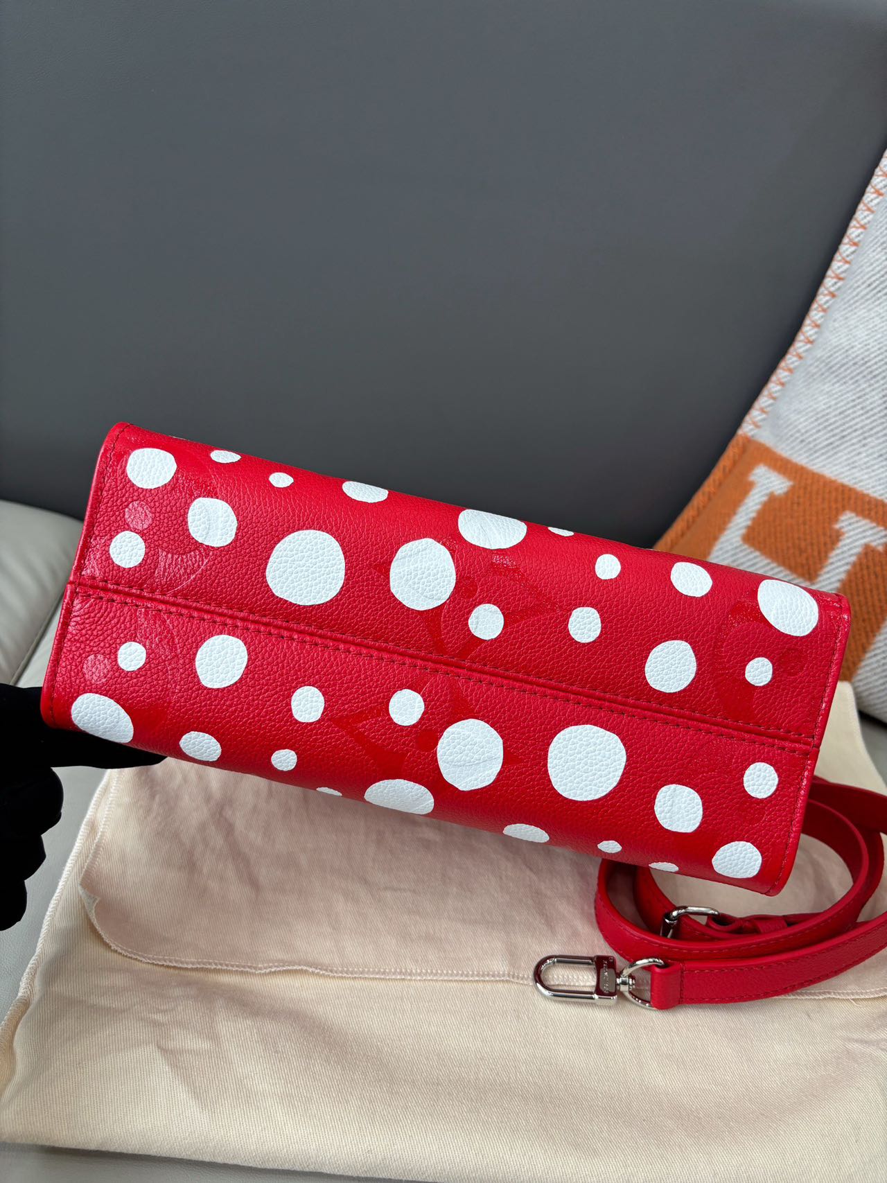 Pre-owned Certified LV Louis Vuitton x Yayoi Kusama OnTheGo PM in Red Monogram Empreinte Leather, 2023, w/ Pumpkin Charm, Dust Bag