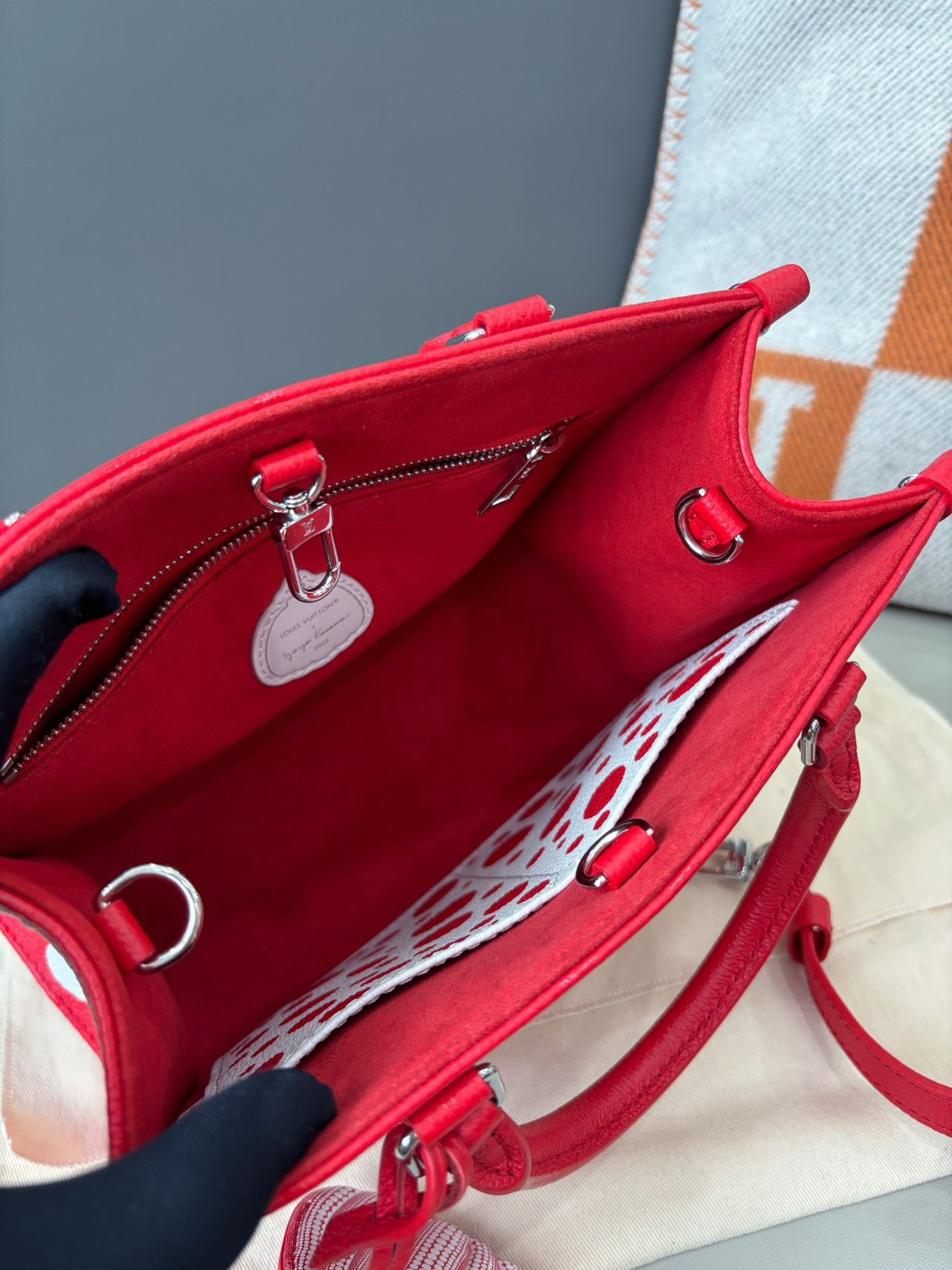 Pre-owned Certified LV Louis Vuitton x Yayoi Kusama OnTheGo PM in Red Monogram Empreinte Leather, 2023, w/ Pumpkin Charm, Dust Bag