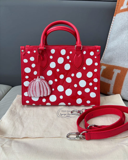 Pre-owned Certified LV Louis Vuitton x Yayoi Kusama OnTheGo PM in Red Monogram Empreinte Leather, 2023, w/ Pumpkin Charm, Dust Bag