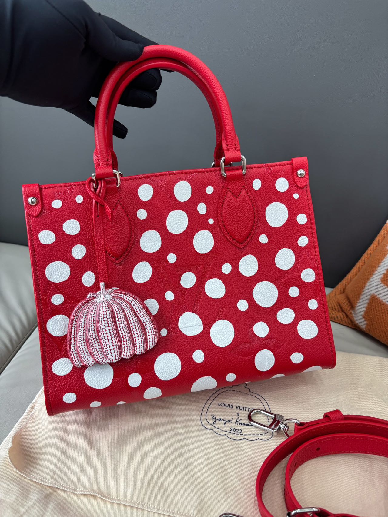 Pre-owned Certified LV Louis Vuitton x Yayoi Kusama OnTheGo PM in Red Monogram Empreinte Leather, 2023, w/ Pumpkin Charm, Dust Bag