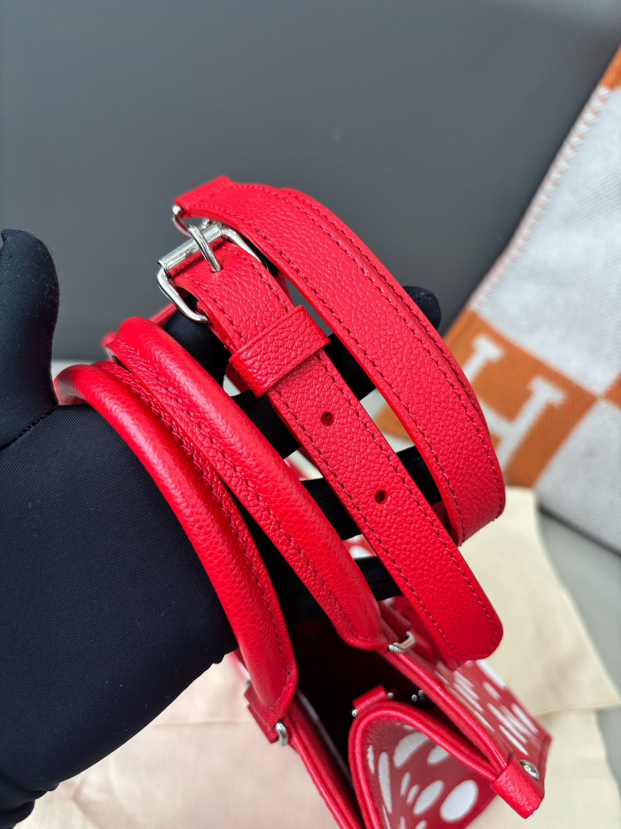 Pre-owned Certified LV Louis Vuitton x Yayoi Kusama OnTheGo PM in Red Monogram Empreinte Leather, 2023, w/ Pumpkin Charm, Dust Bag