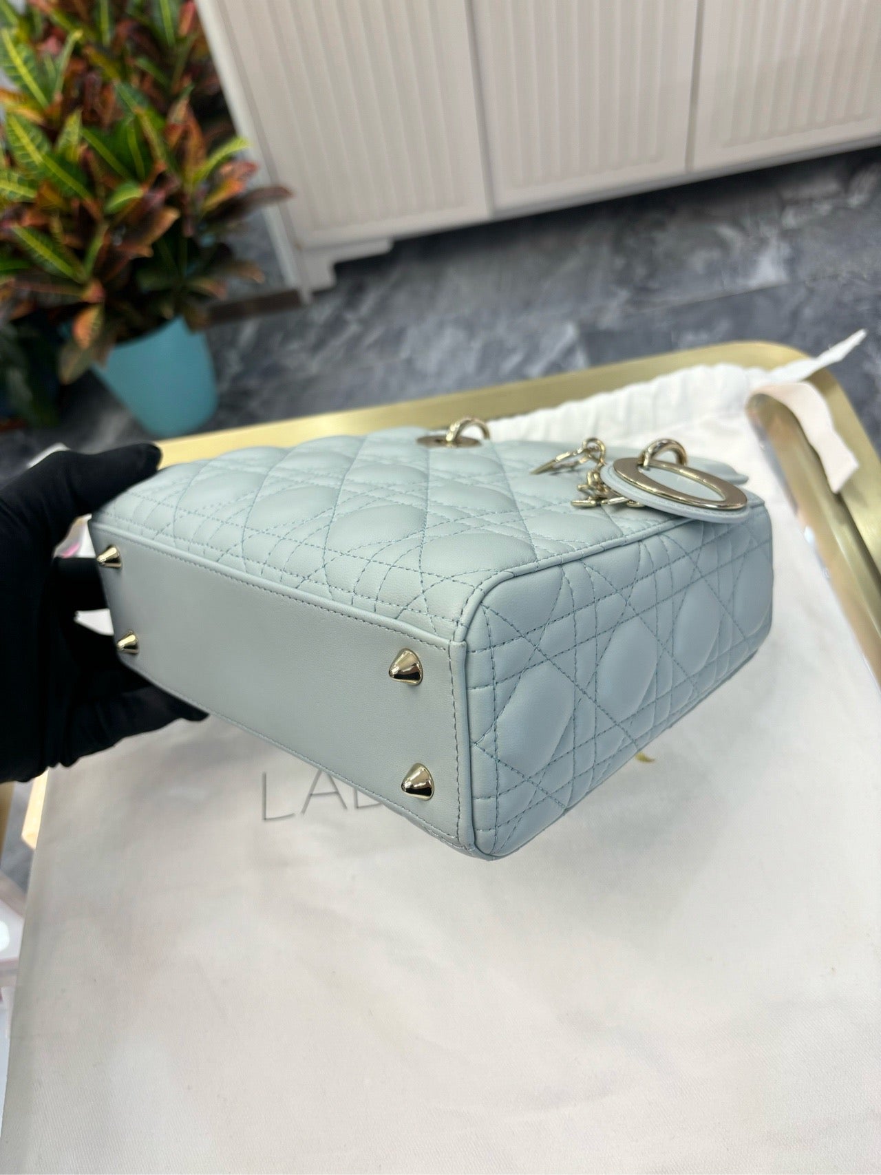 Pre-owned Small Lady Dior Ashy Blue Lambskin, Champagne Gold hw, 2023 Like New, w/ strap, Dust bag, card