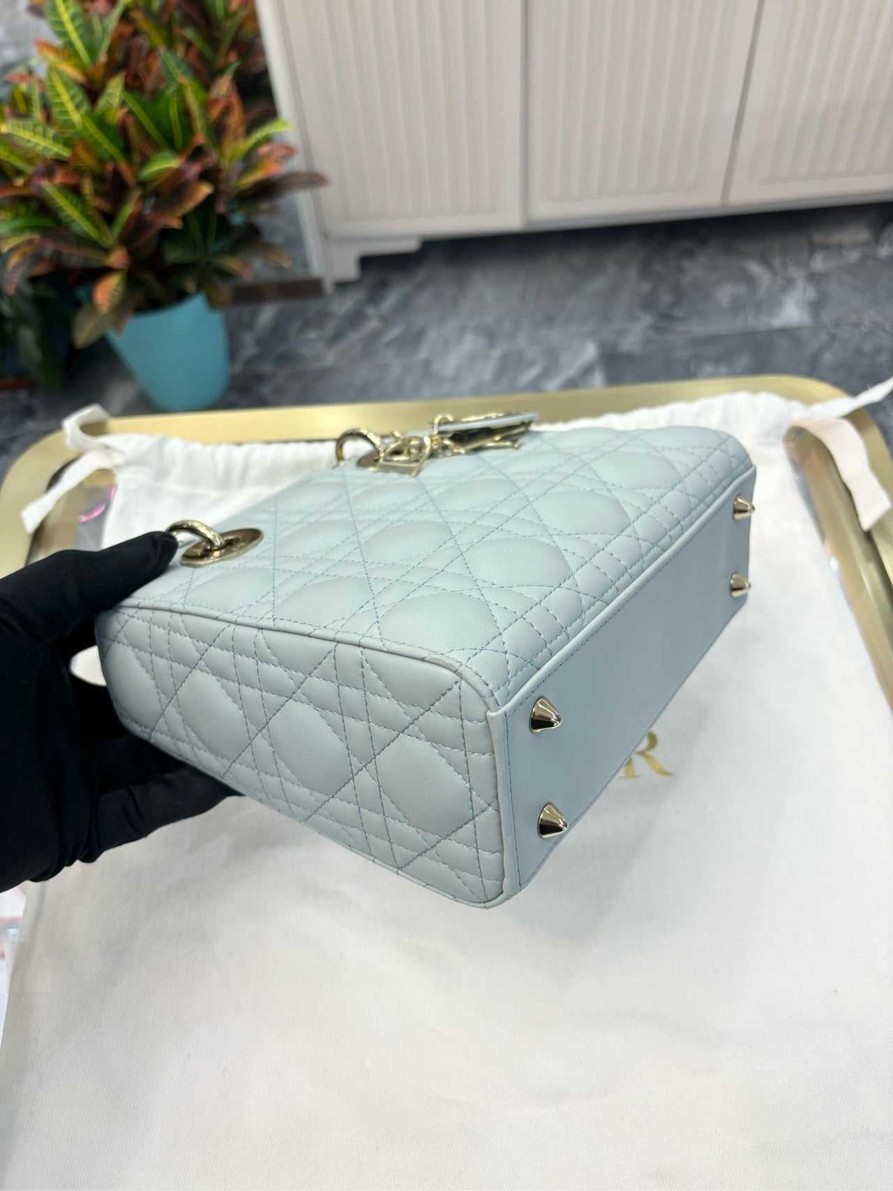 Pre-owned Small Lady Dior Ashy Blue Lambskin, Champagne Gold hw, 2023 Like New, w/ strap, Dust bag, card