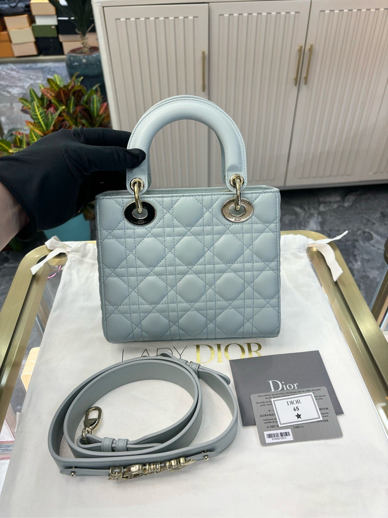 Pre-owned Small Lady Dior Ashy Blue Lambskin, Champagne Gold hw, 2023 Like New, w/ strap, Dust bag, card