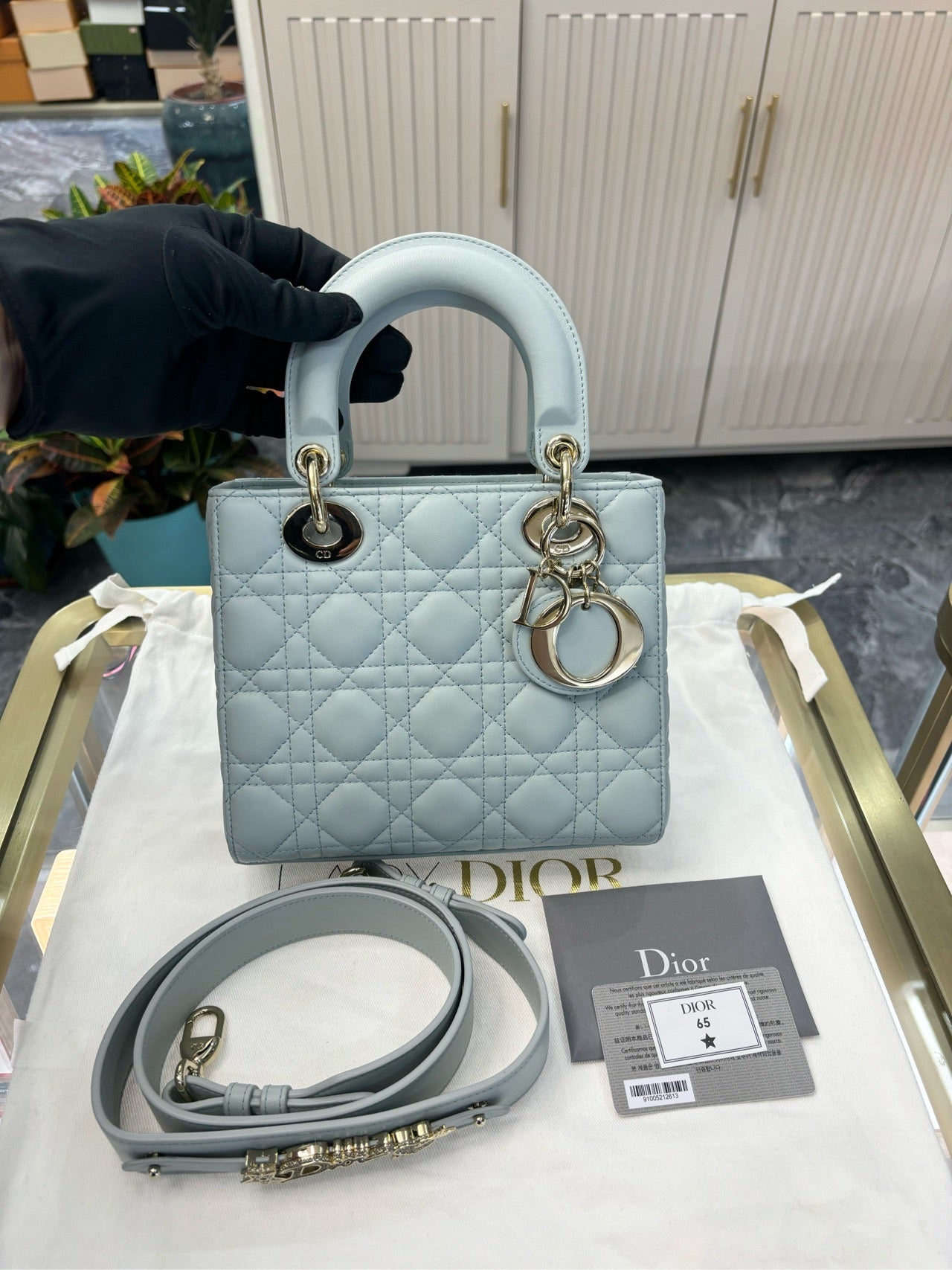 Pre-owned Small Lady Dior Ashy Blue Lambskin, Champagne Gold hw, 2023 Like New, w/ strap, Dust bag, card