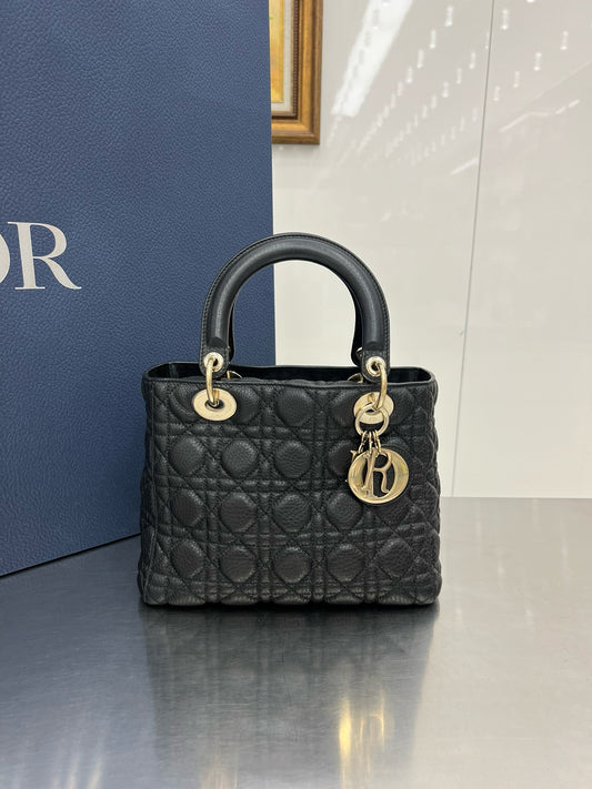 Pre-owned Medium Lady Dior Black Calfskin Cannage 5-grid with Golden hardware