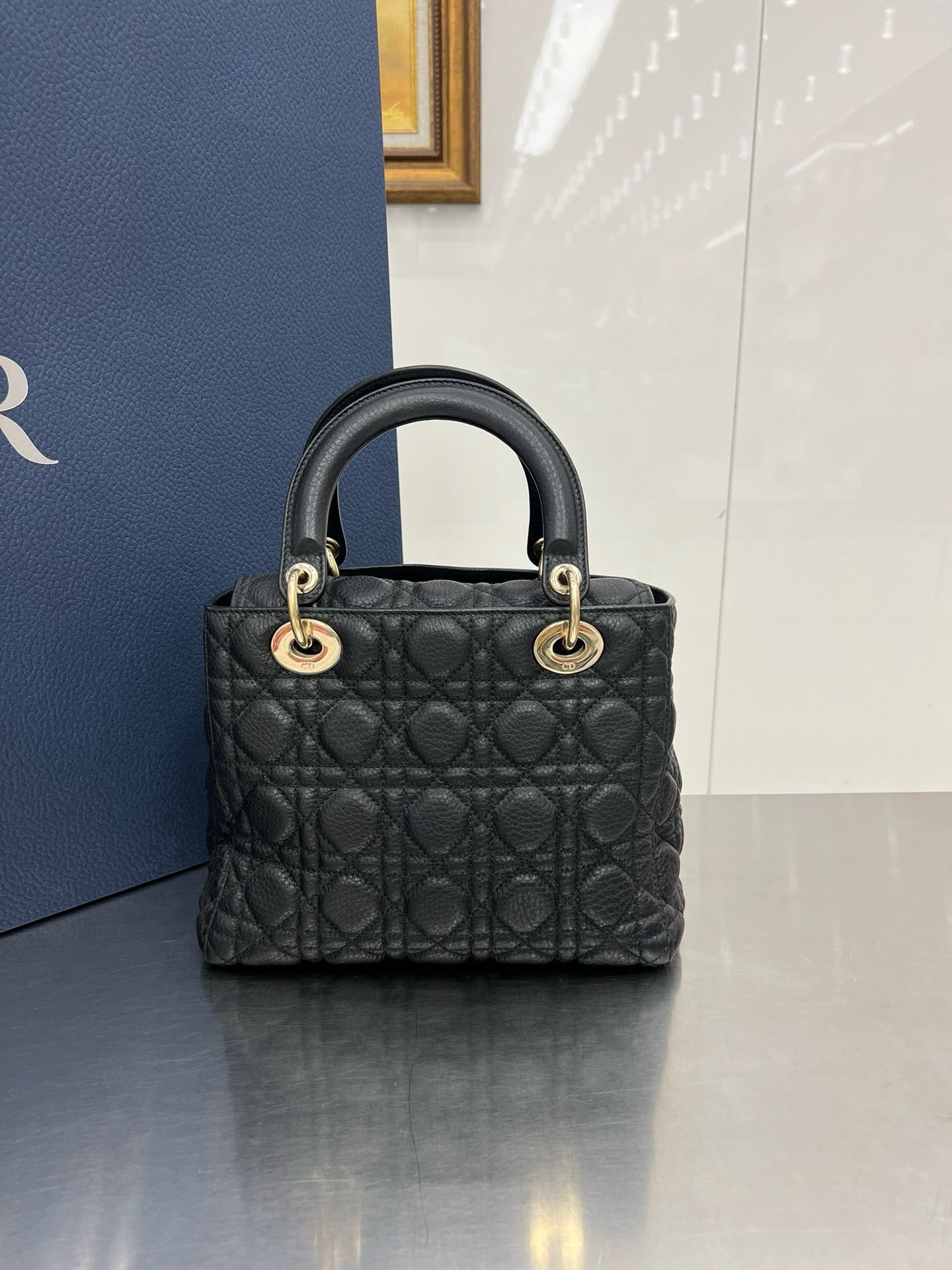 Pre-owned Medium Lady Dior Black Calfskin Cannage 5-grid with Golden hardware