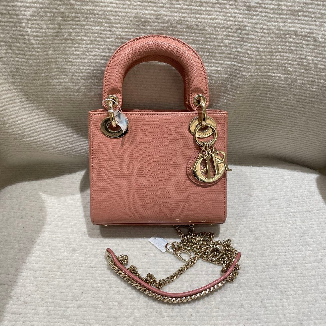 Pre-owned Certified Dior Mini Lady Dior in Nude Pink Natural Lizard Skin with Light Golden Hardware, 2021, w/full set