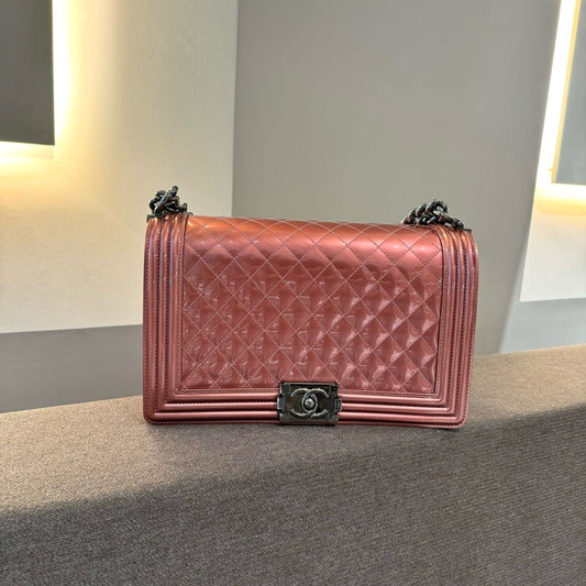 Pre-owned Chanel Large Le Boy Pink Metallic Patent Leather Dark Silver Hardware, 2014, Full Set