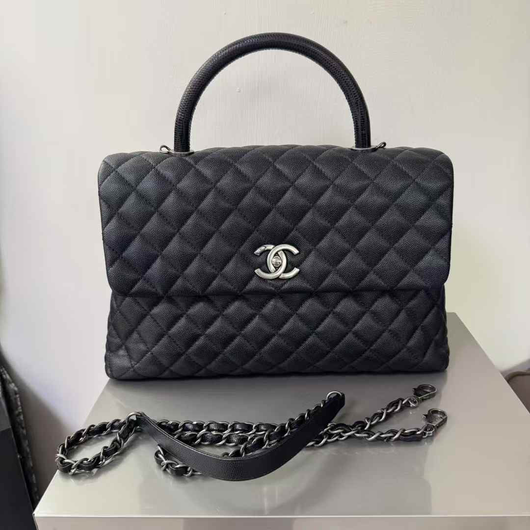 Pre-owned Chanel Coco Handle Large Black Caviar Leather with Lizard Handle Dark Silver Hw, 2017, w/ box, dust bag, long strap