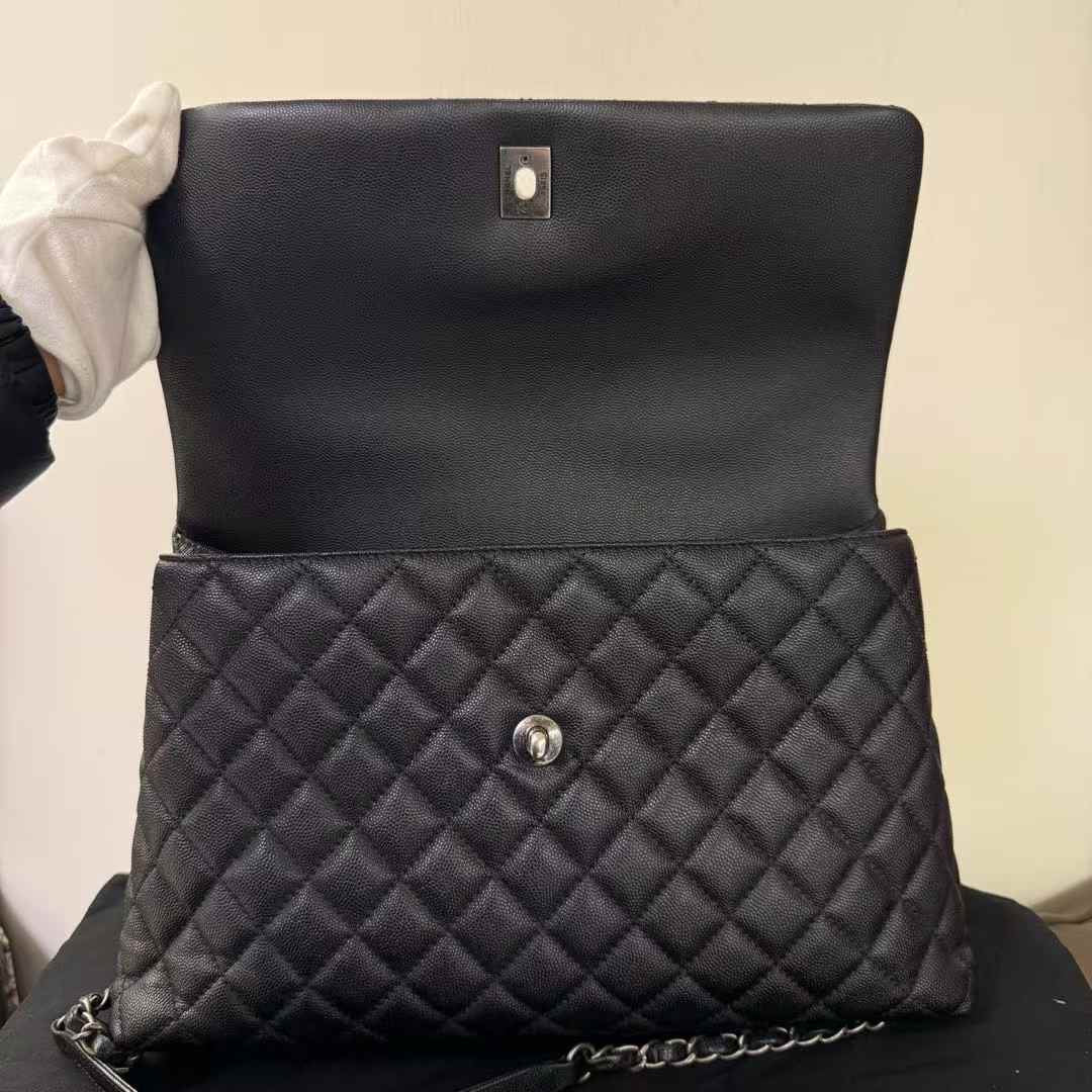 Pre-owned Chanel Coco Handle Large Black Caviar Leather with Lizard Handle Dark Silver Hw, 2017, w/ box, dust bag, long strap