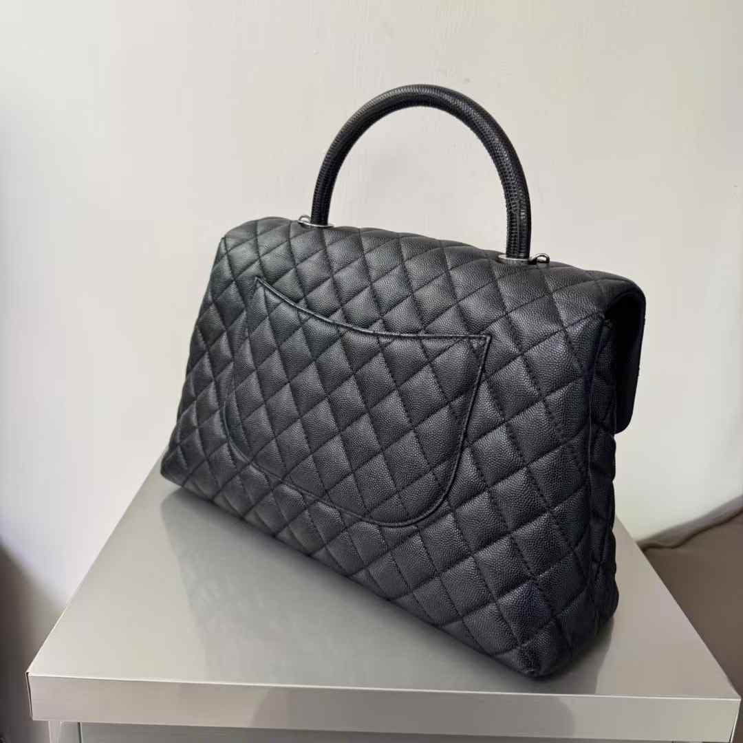 Pre-owned Chanel Coco Handle Large Black Caviar Leather with Lizard Handle Dark Silver Hw, 2017, w/ box, dust bag, long strap