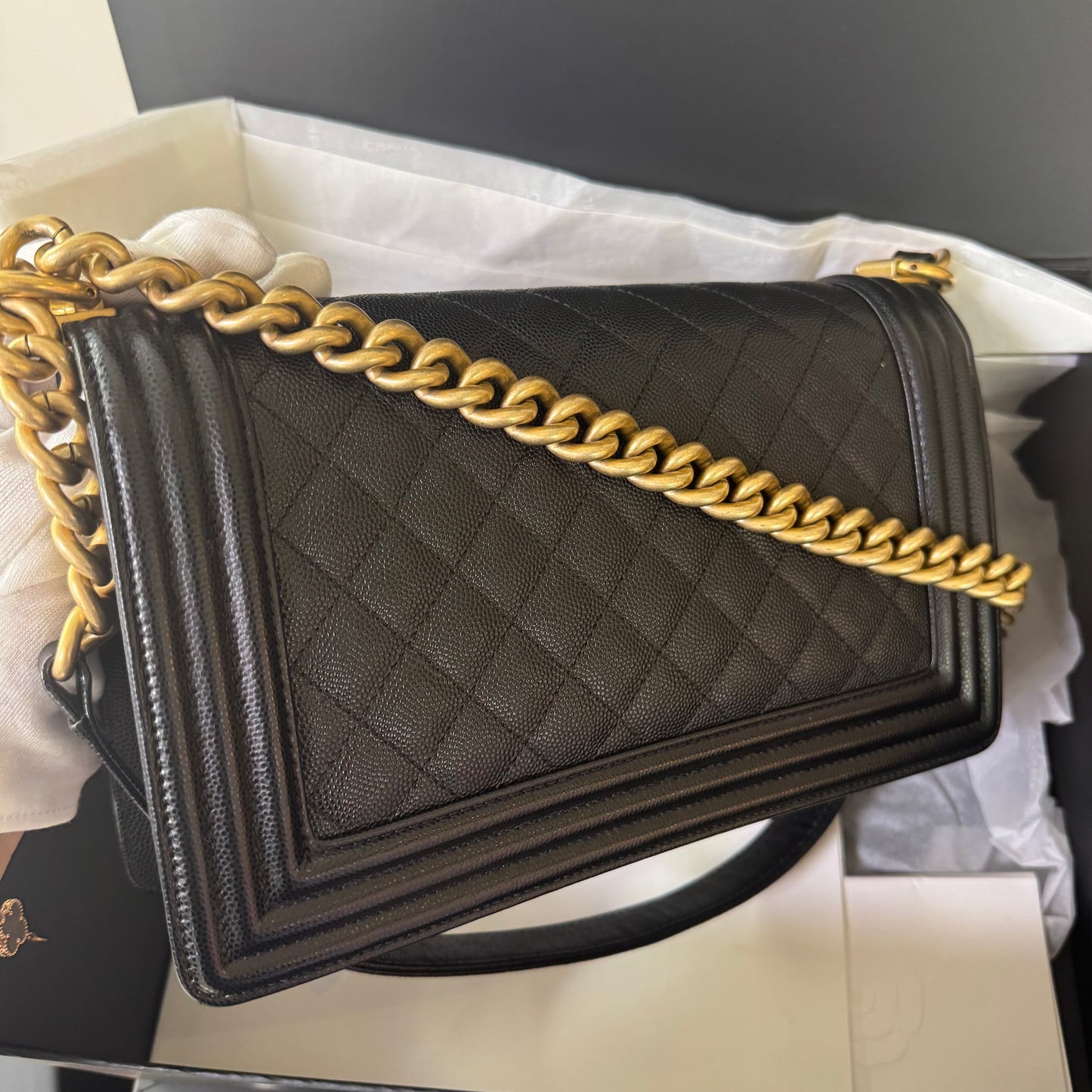 Pre-owned Chanel Le Boy Medium Black Caviar Leather with Golden Hardware, 2019-2020, w/ box, dust bag