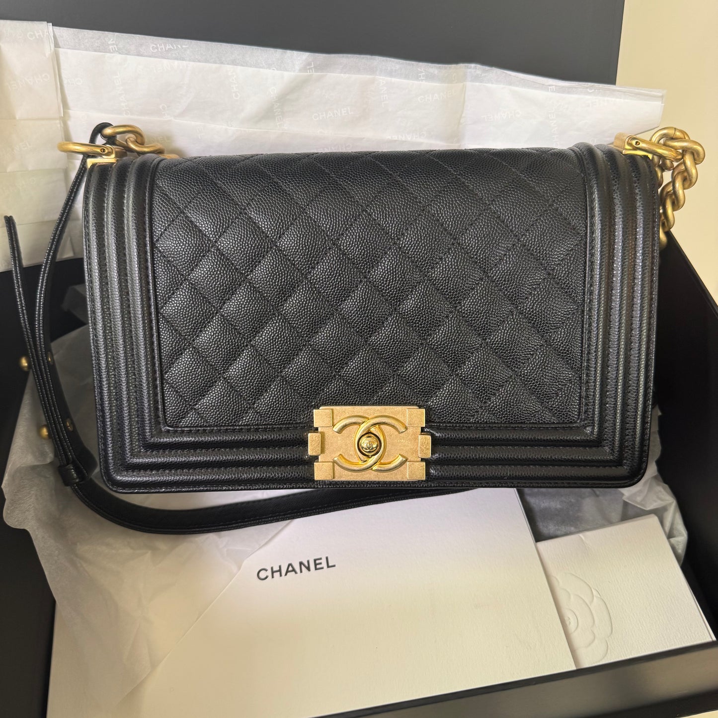 Pre-owned Chanel Le Boy Medium Black Caviar Leather with Golden Hardware, 2019-2020, w/ box, dust bag