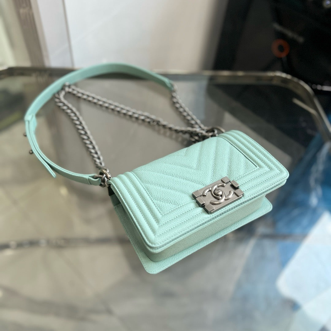 Pre-owned Chanel Small Le Boy Bright Tiffany Blue Chevron Quilted Caviar Leather, 2020, Full Set