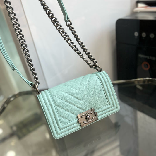 Pre-owned Chanel Small Le Boy Bright Tiffany Blue Chevron Quilted Caviar Leather, 2020, Full Set