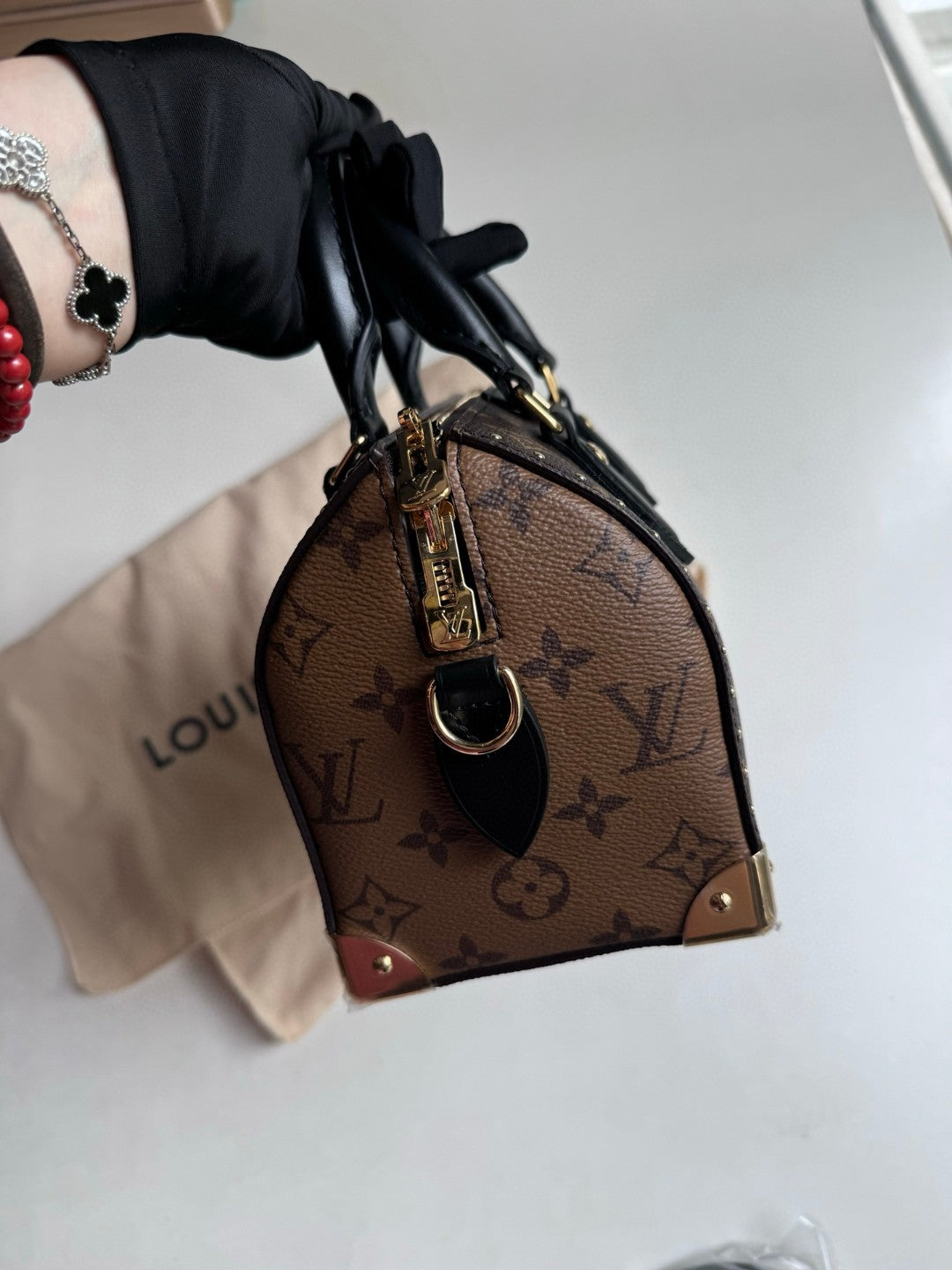 Pre-owned Certified Louis Vuitton LV Special Edition Speedy 20 Trunk Monogram Reverse with Golden Hardware, Not Used, w/ dust bag, strap, lock & key