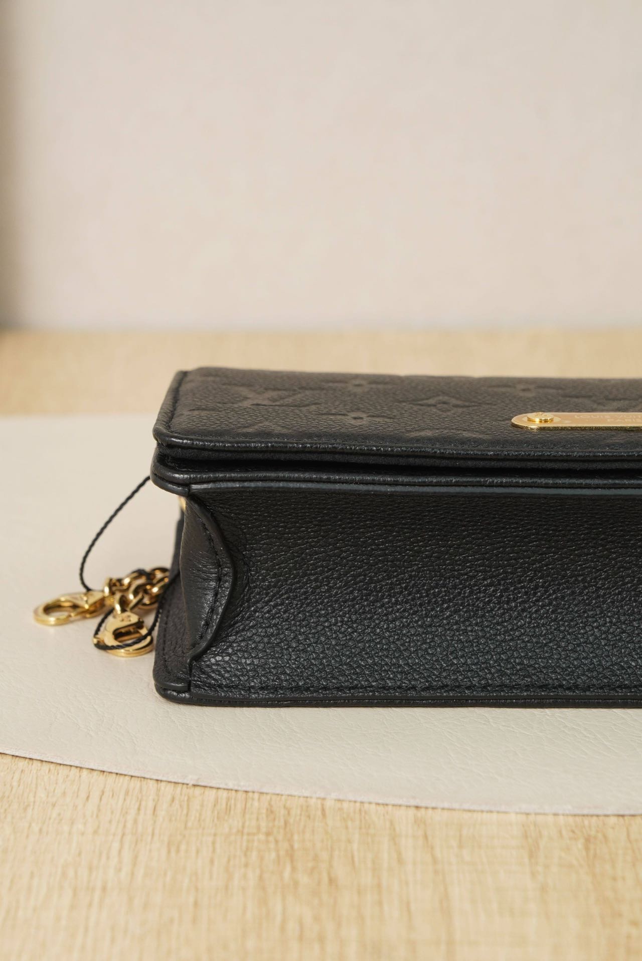 Pre-owned Certified LV Louis Vuitton Lily Wallet On Chain in Black Monogram Empreinte leather with Golden Hardware, Microchipped, w/full set