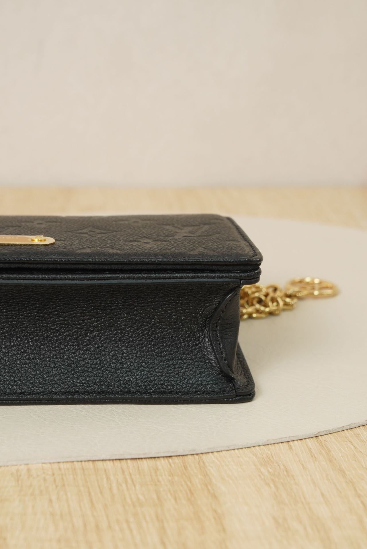 Pre-owned Certified LV Louis Vuitton Lily Wallet On Chain in Black Monogram Empreinte leather with Golden Hardware, Microchipped, w/full set