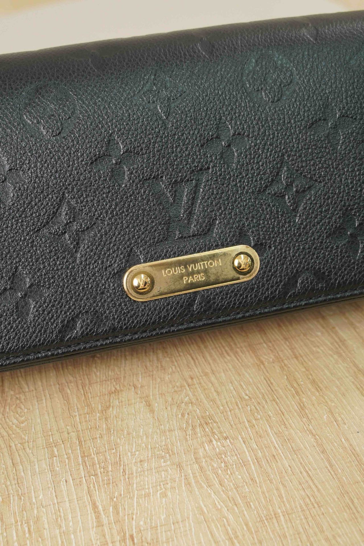 Pre-owned Certified LV Louis Vuitton Lily Wallet On Chain in Black Monogram Empreinte leather with Golden Hardware, Microchipped, w/full set