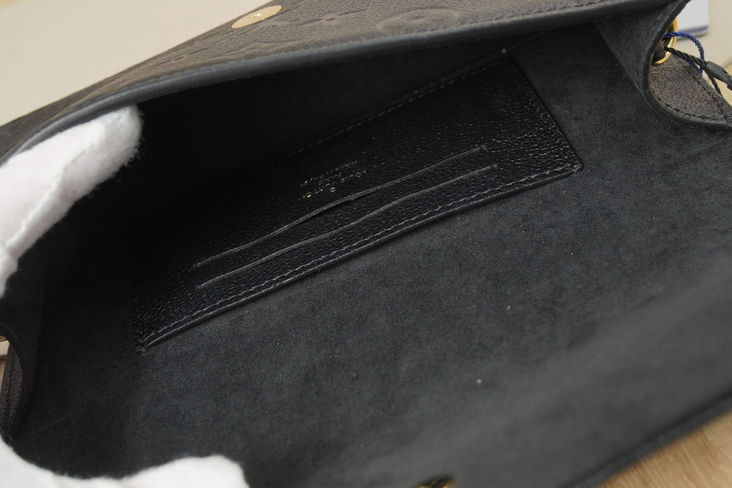 Pre-owned Certified LV Louis Vuitton Lily Wallet On Chain in Black Monogram Empreinte leather with Golden Hardware, Microchipped, w/full set