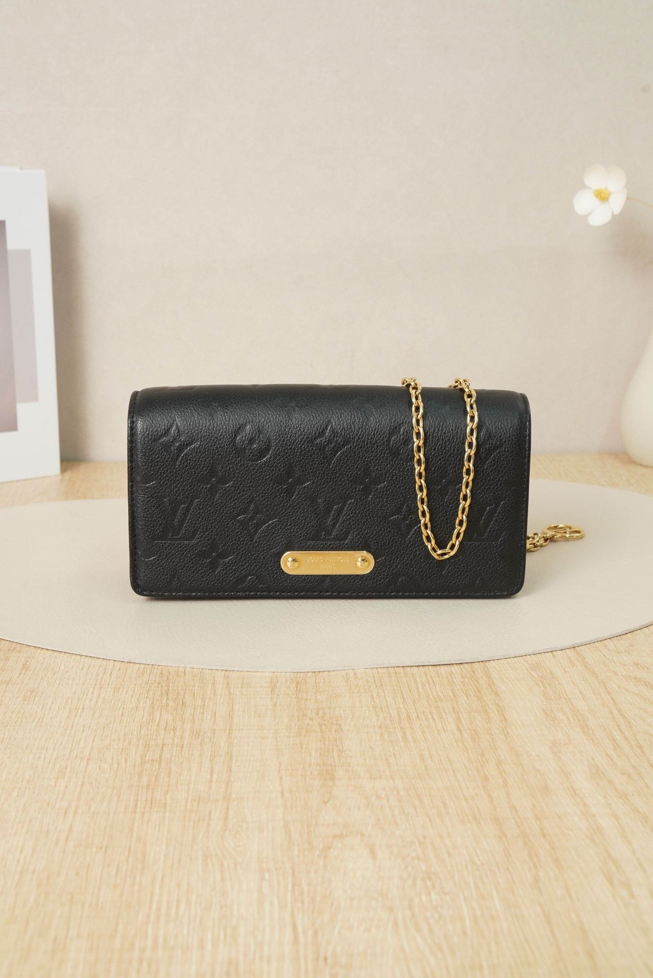 Pre-owned Certified LV Louis Vuitton Lily Wallet On Chain in Black Monogram Empreinte leather with Golden Hardware, Microchipped, w/full set