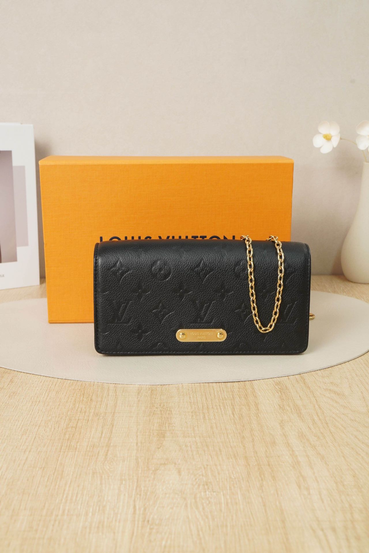 Pre-owned Certified LV Louis Vuitton Lily Wallet On Chain in Black Monogram Empreinte leather with Golden Hardware, Microchipped, w/full set