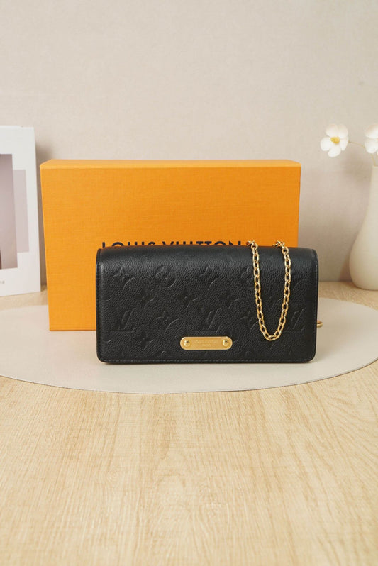Pre-owned Certified LV Louis Vuitton Lily Wallet On Chain in Black Monogram Empreinte leather with Golden Hardware, Microchipped, w/full set