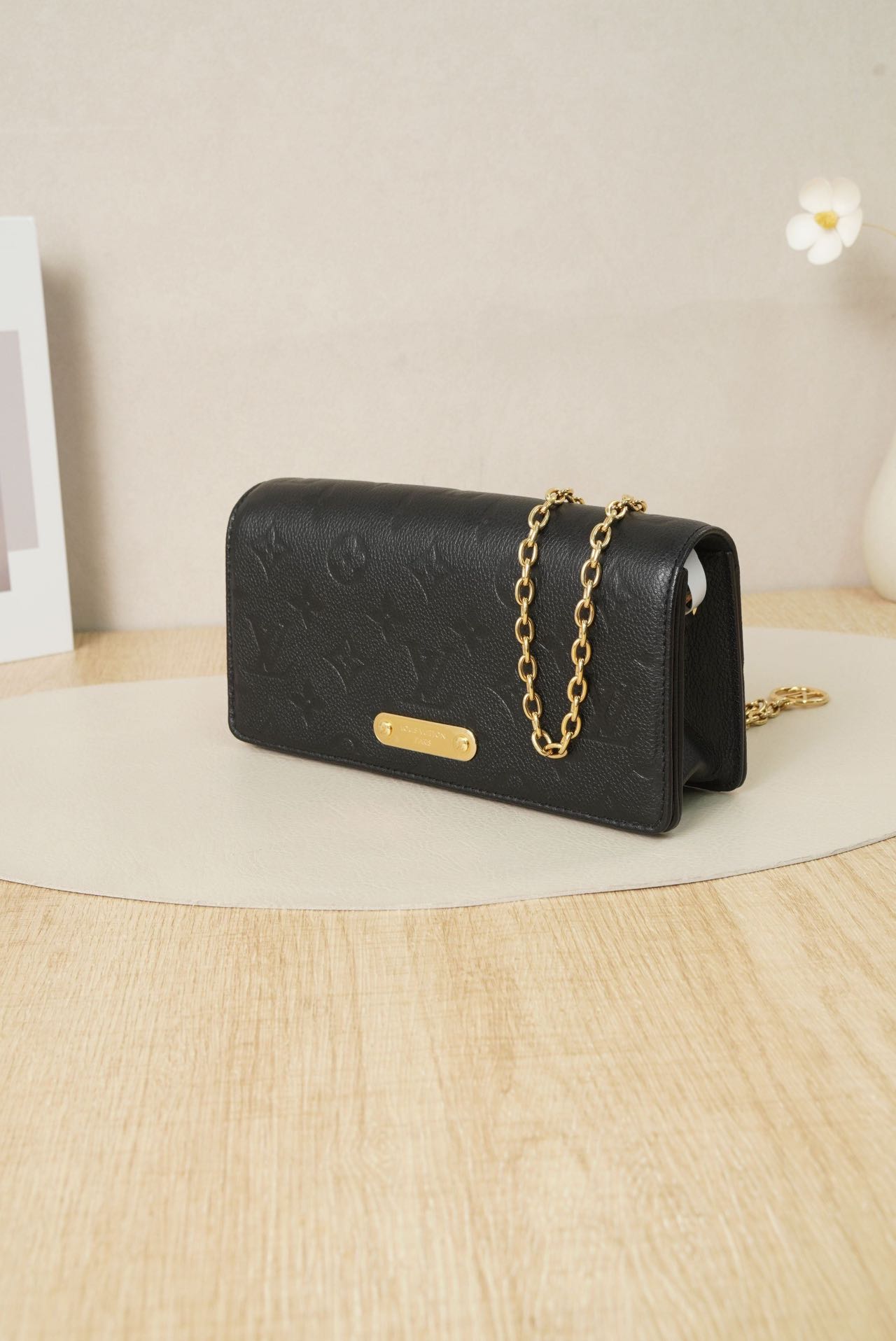 Pre-owned Certified LV Louis Vuitton Lily Wallet On Chain in Black Monogram Empreinte leather with Golden Hardware, Microchipped, w/full set