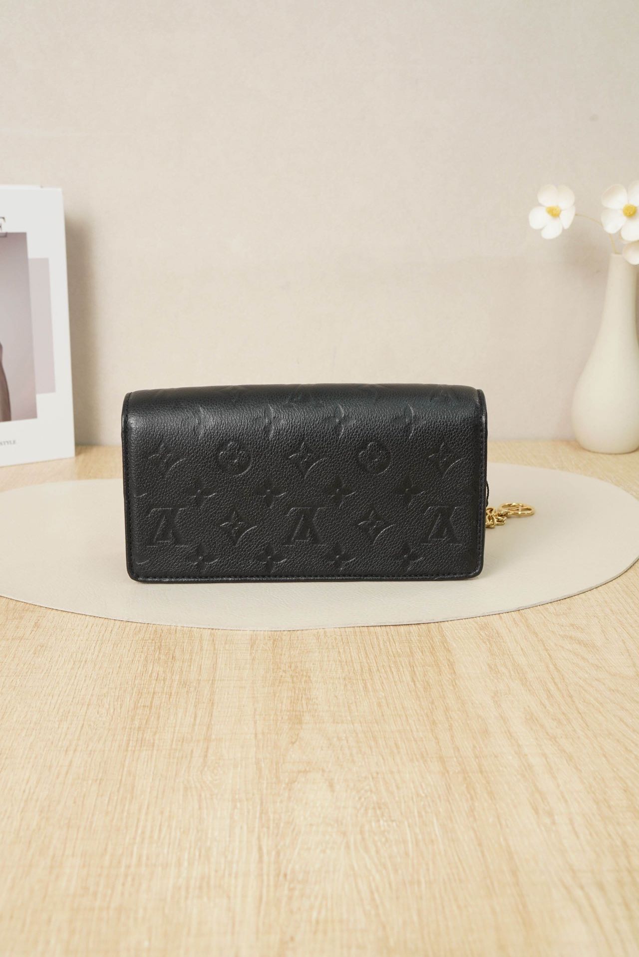 Pre-owned Certified LV Louis Vuitton Lily Wallet On Chain in Black Monogram Empreinte leather with Golden Hardware, Microchipped, w/full set